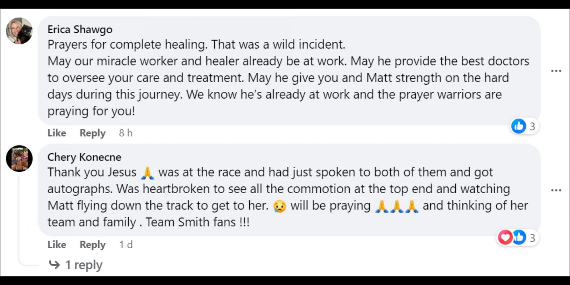 Fans send their prayers for Angie and wish for her speedy recovery. (Image via Facebook/@angiesmithracing)