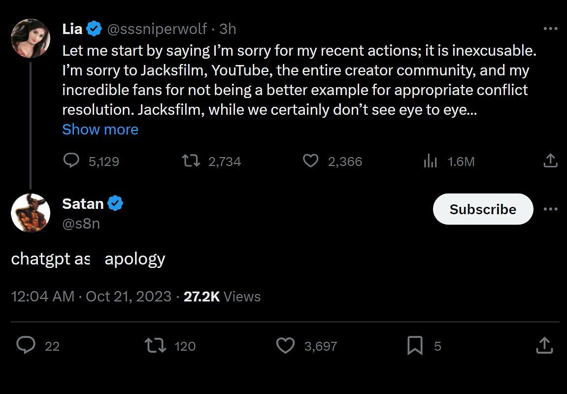 X users compare the apology to something ChatGPT could write (Image via @s8n/X)