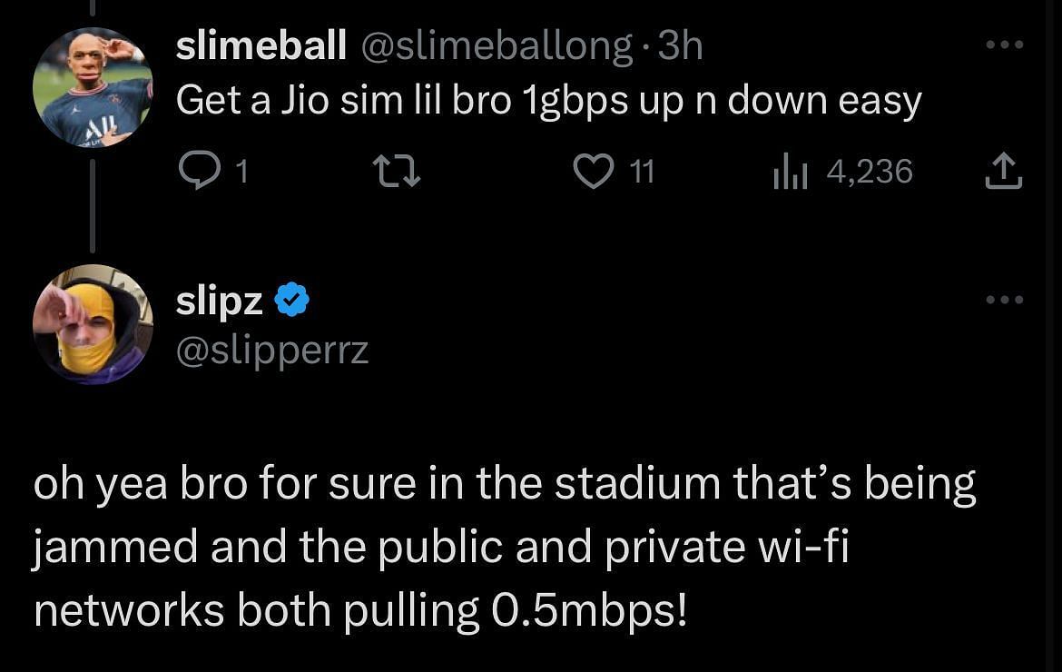 Slipz reveals getting poor connectivity in the stadium (Image via X)