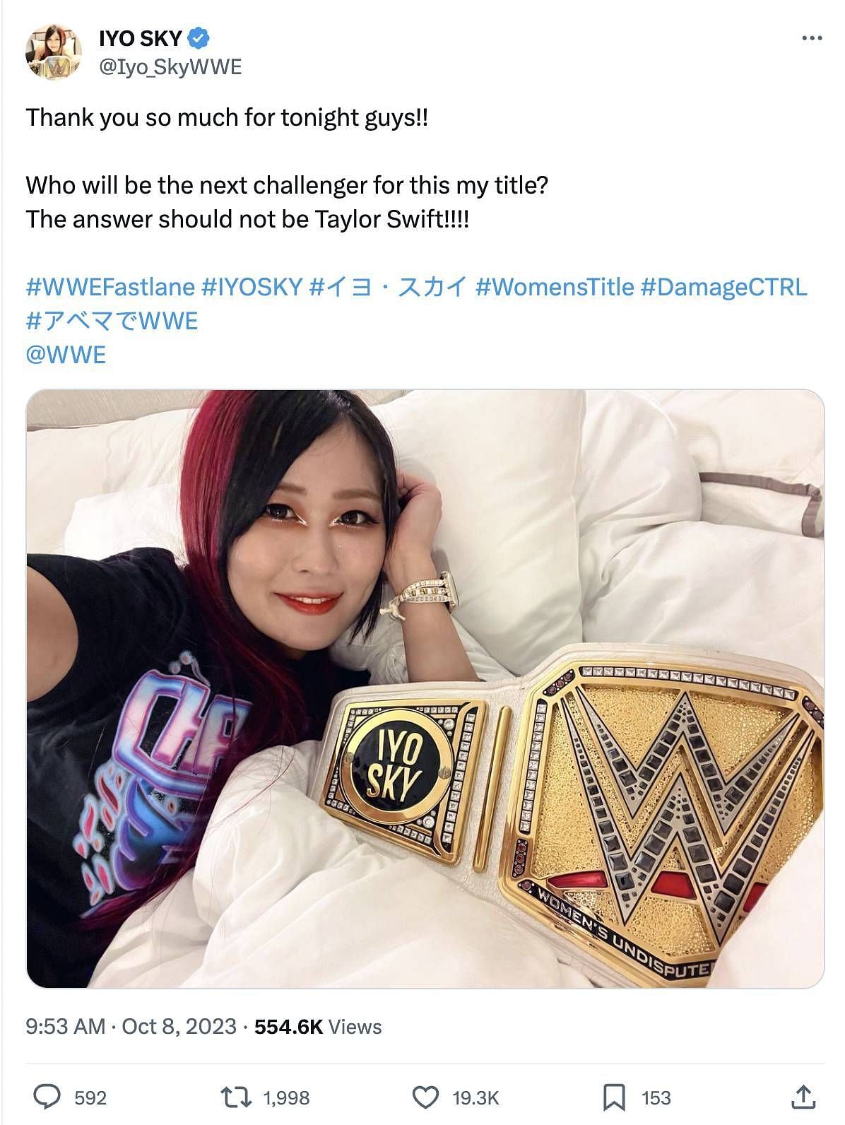 IYO SKY on X: Thank you so much for tonight guys!! Who will be the next  challenger for this my title? The answer should not be Taylor Swift!!!!  #WWEFastlane #IYOSKY #イヨ・スカイ #WomensTitle #