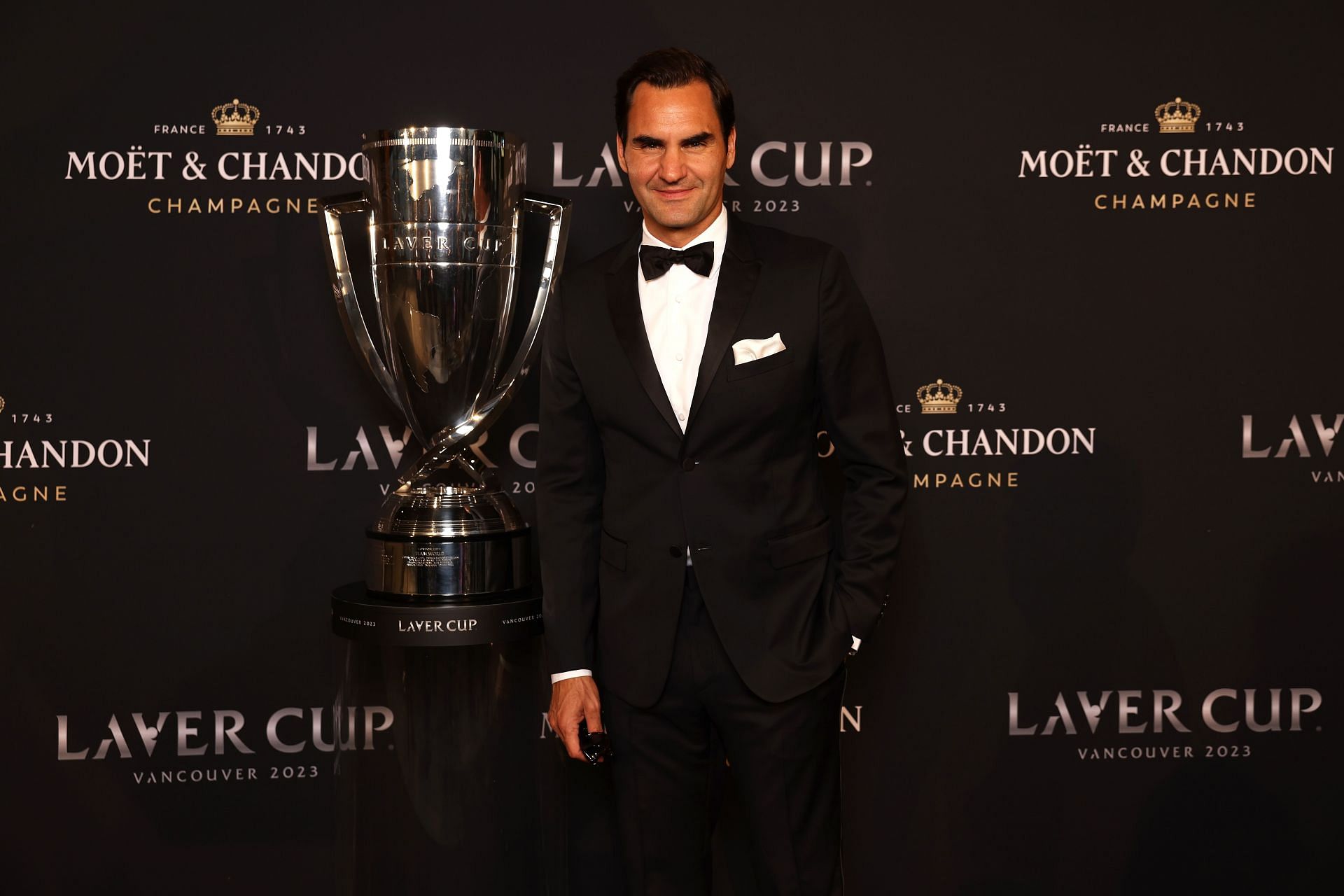 Roger Federer poses for a photo at the 2023 Laver Cup in Vancouver.