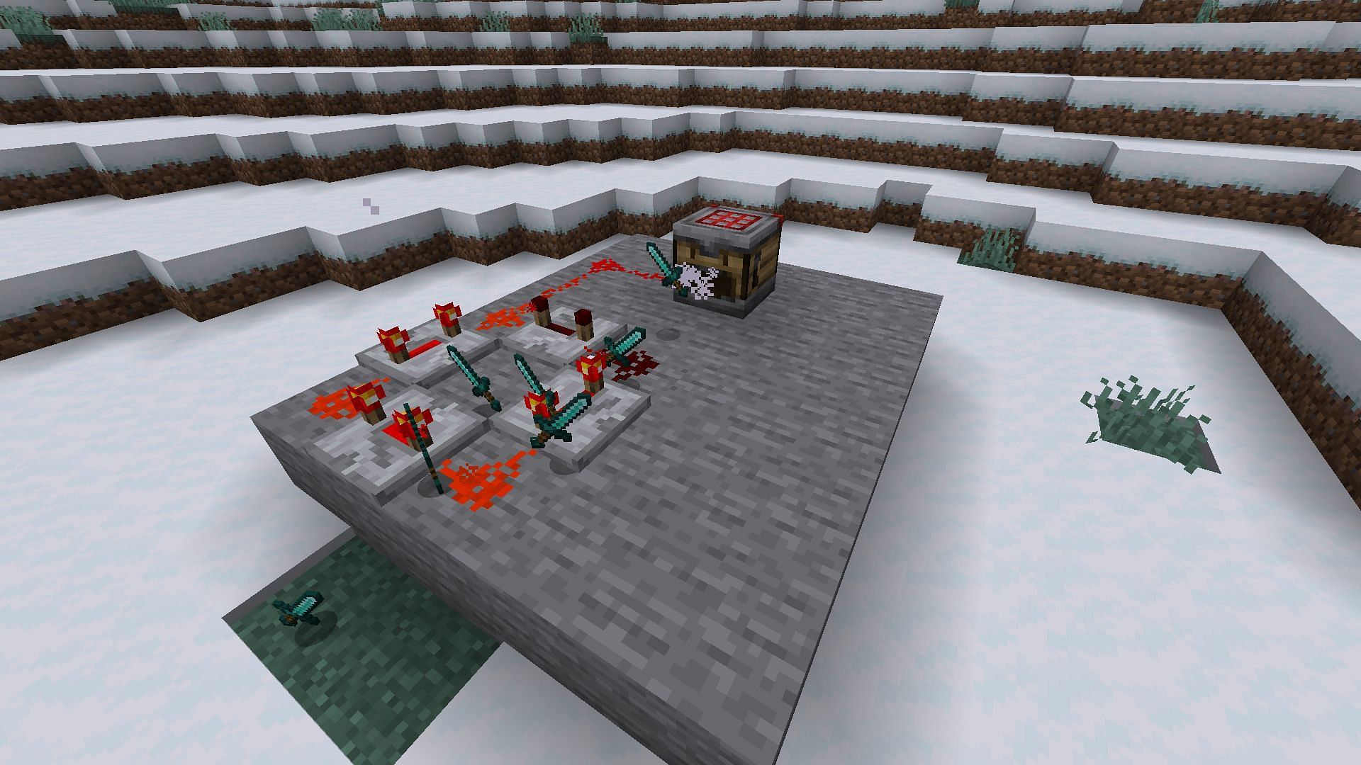 A crafter creating diamond swords while connected to a basic redstone clock (Image via Mojang)