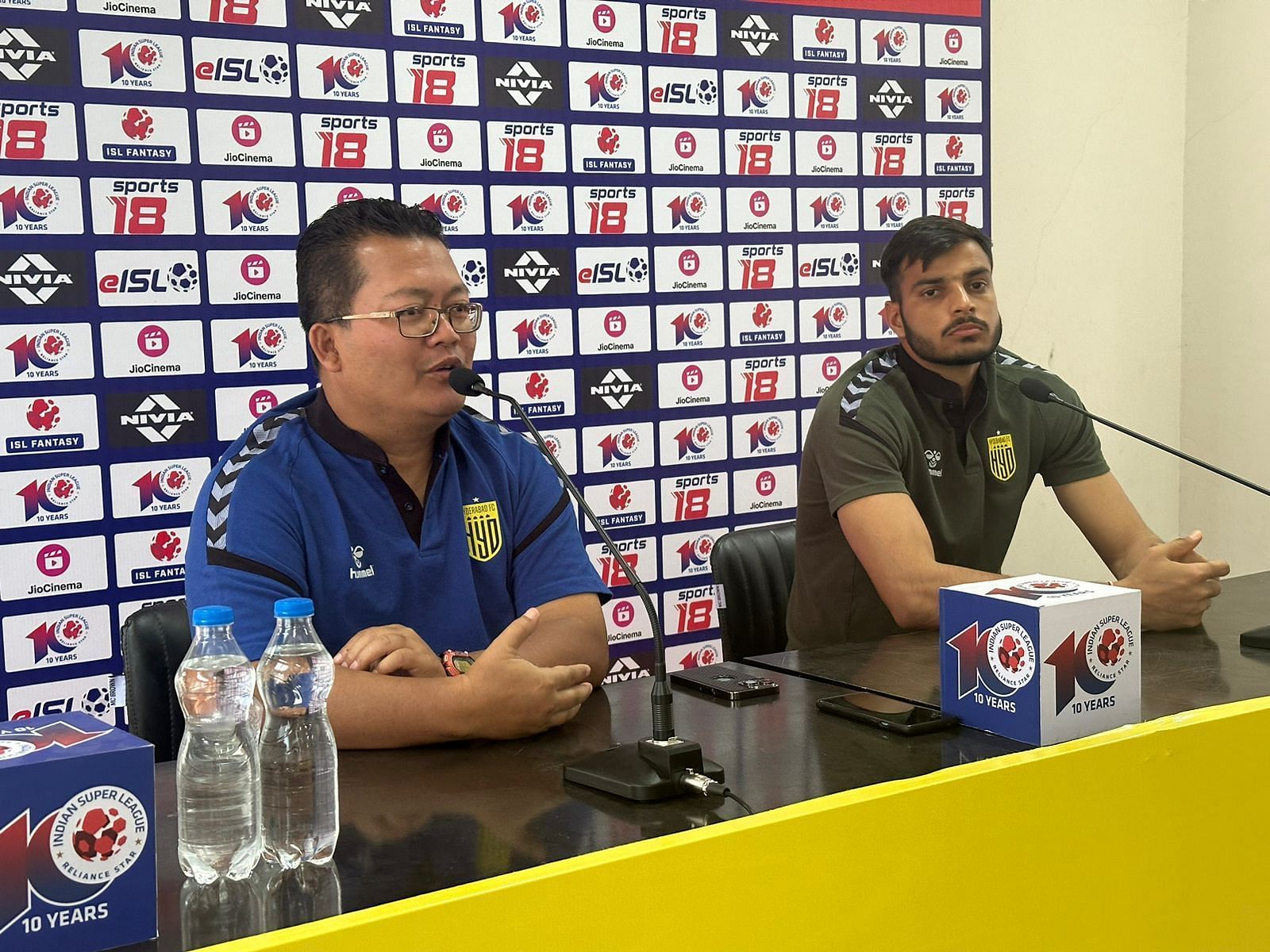 Hyderabad FC head coach Thangboi Singto and goalkeeper Gurmeet Singh speaking to the media on Thursday.