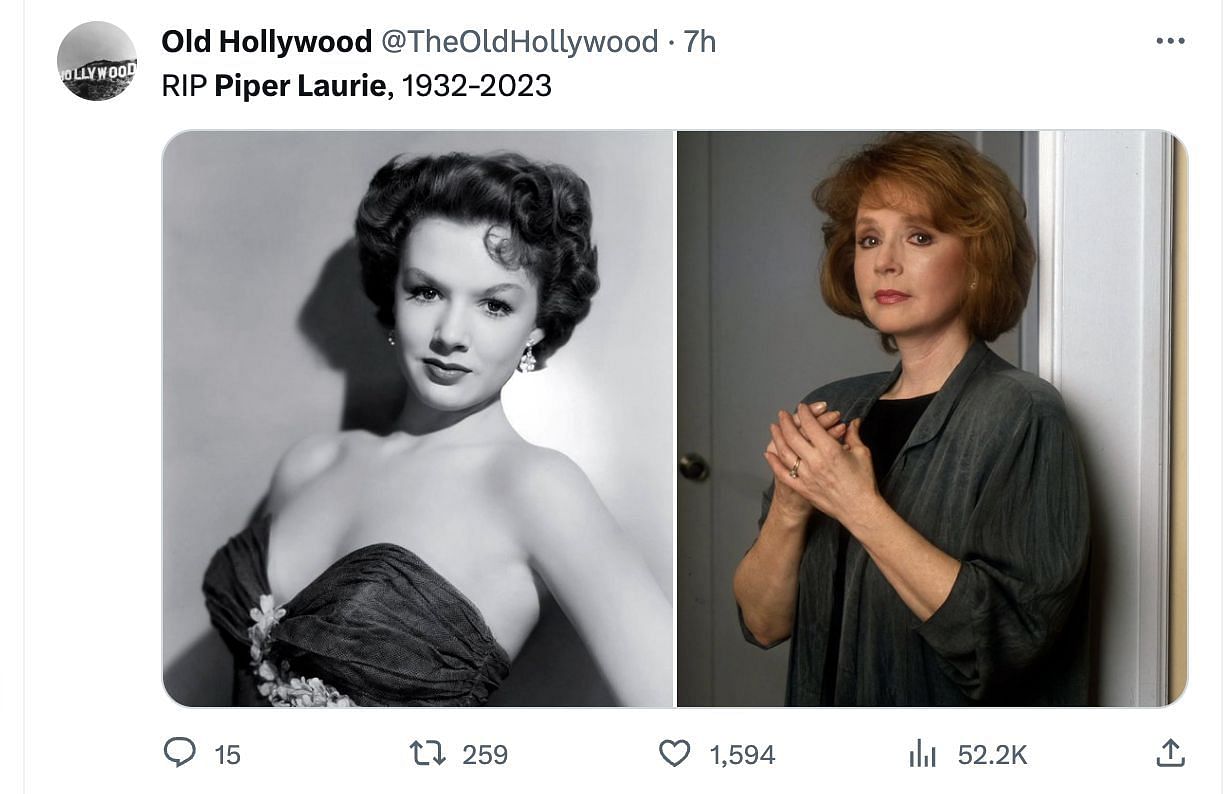 Social media users mourn the loss of Piper as the actress passed away at the age of 91. (Image via Twitter/@TheOldHollywood)