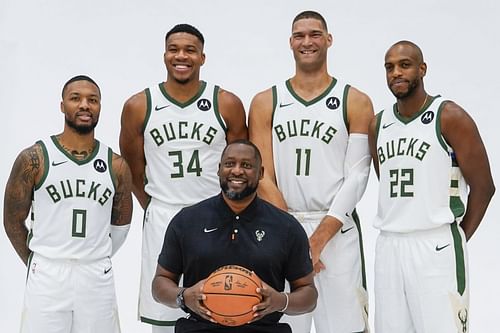 Giannis Antetokounmpo and Damian Lillard in Bucks Media Day