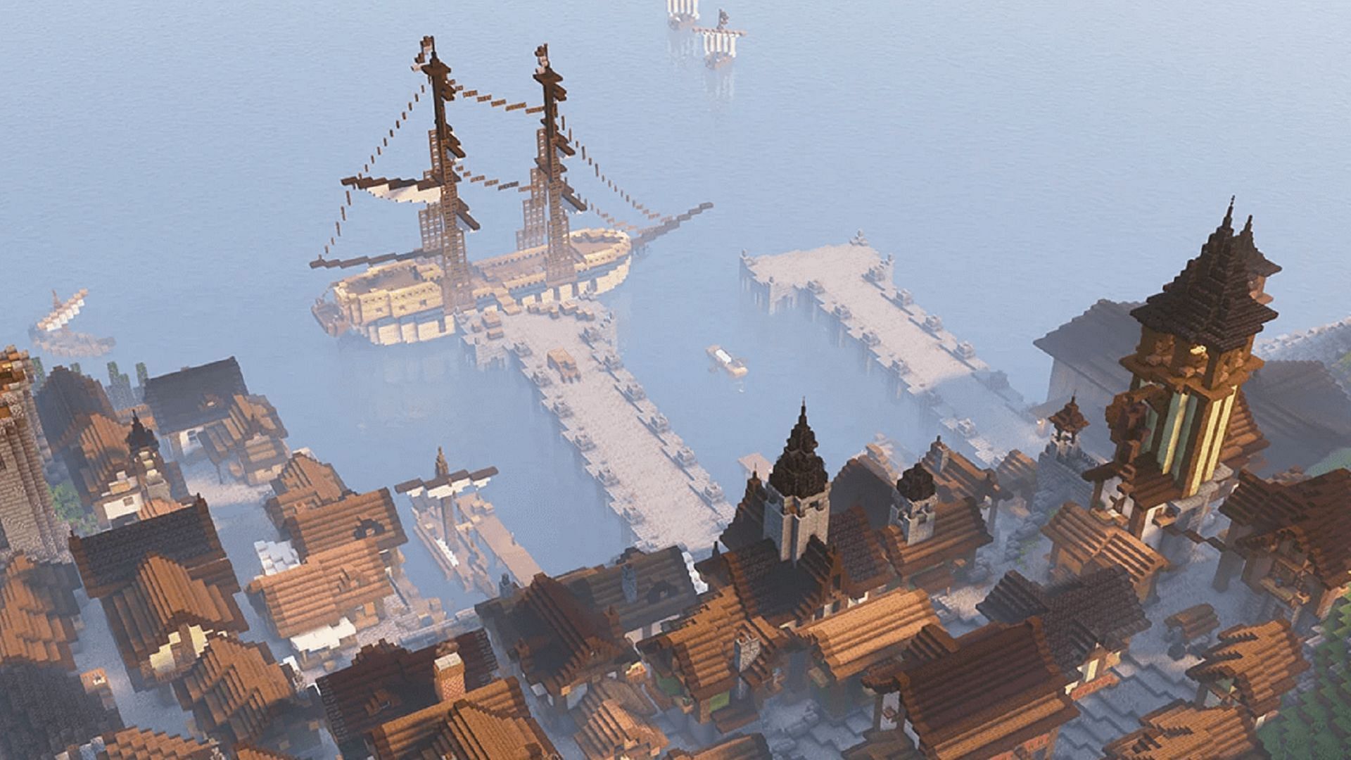 The port town within the medieval kingdom build (Image via Pixelbiesterofficial/Reddit)