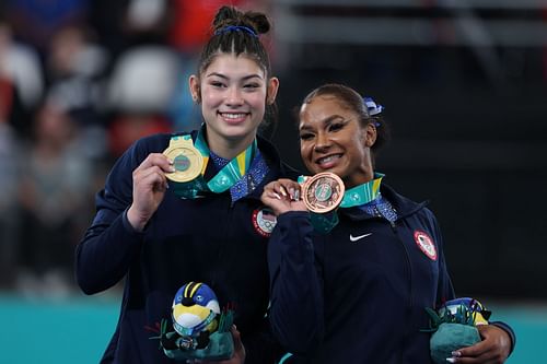 Kayla Dicello and Jordan Chiles pose after competing in Gymnastics - Women's All Around at the 2023 Pan Am Games in Santiago, Chile.