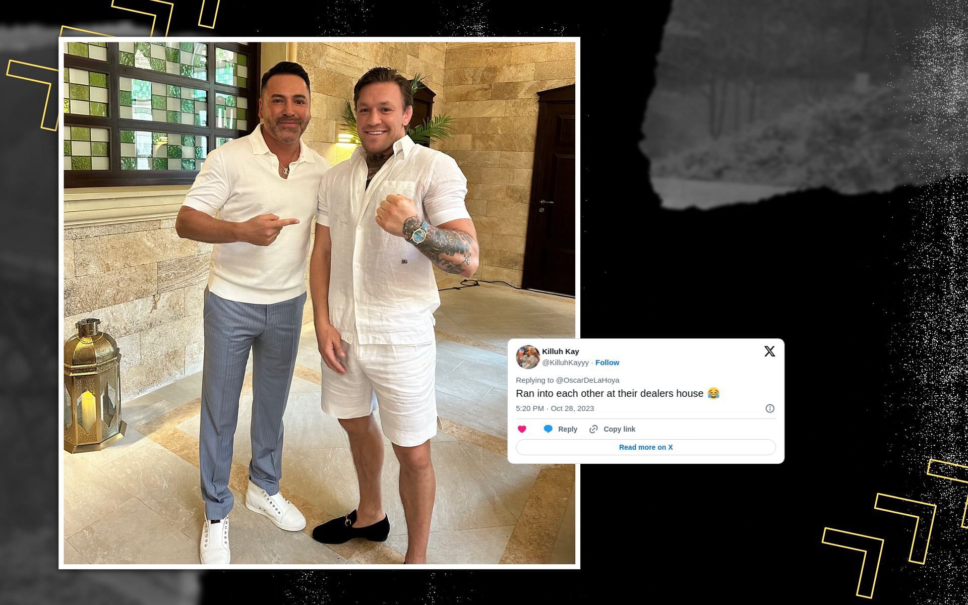 Fans react to Oscar De La Hoya&rsquo;s Riyadh meeting with Conor McGregor. [Image credits: @OscarDeLaHoya via X]