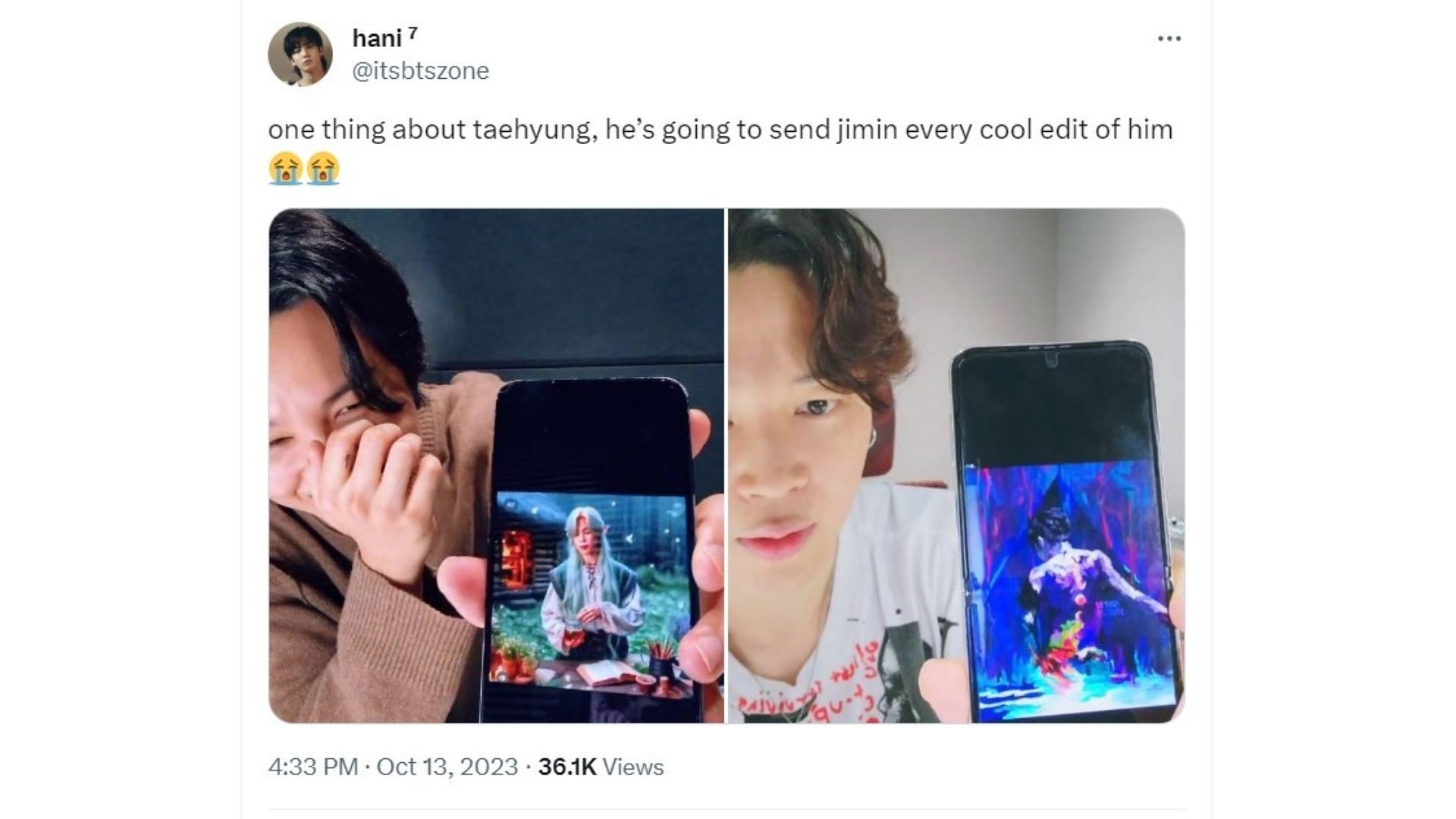 V sends Jimin &quot;cool&quot; edits of him (via X/itsbtszone)