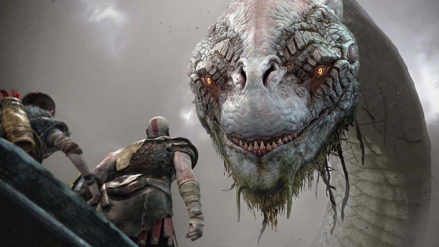 Kratos and Atreus meet the World Serpent (Image via Santa Monica Studios)