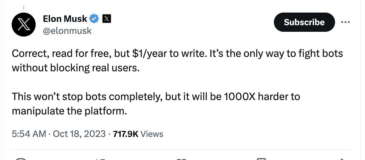 Social media users react to X charging $1 from all new users. (Image via X @Elon Musk)