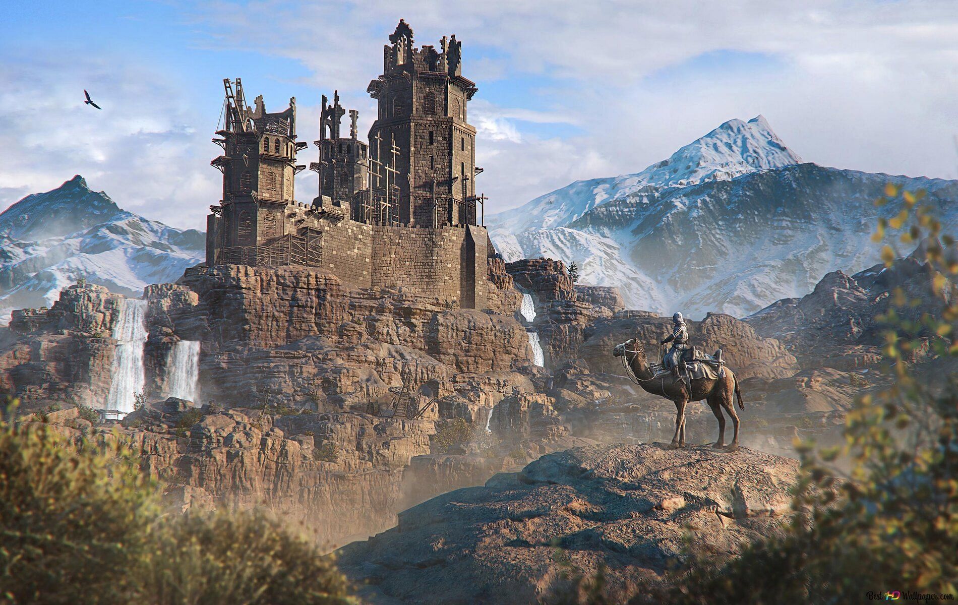 Basim looking at the Fortress of Alamut