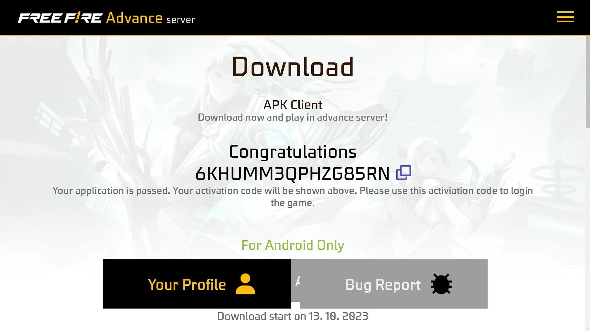 Free Fire Advance Server Code Download