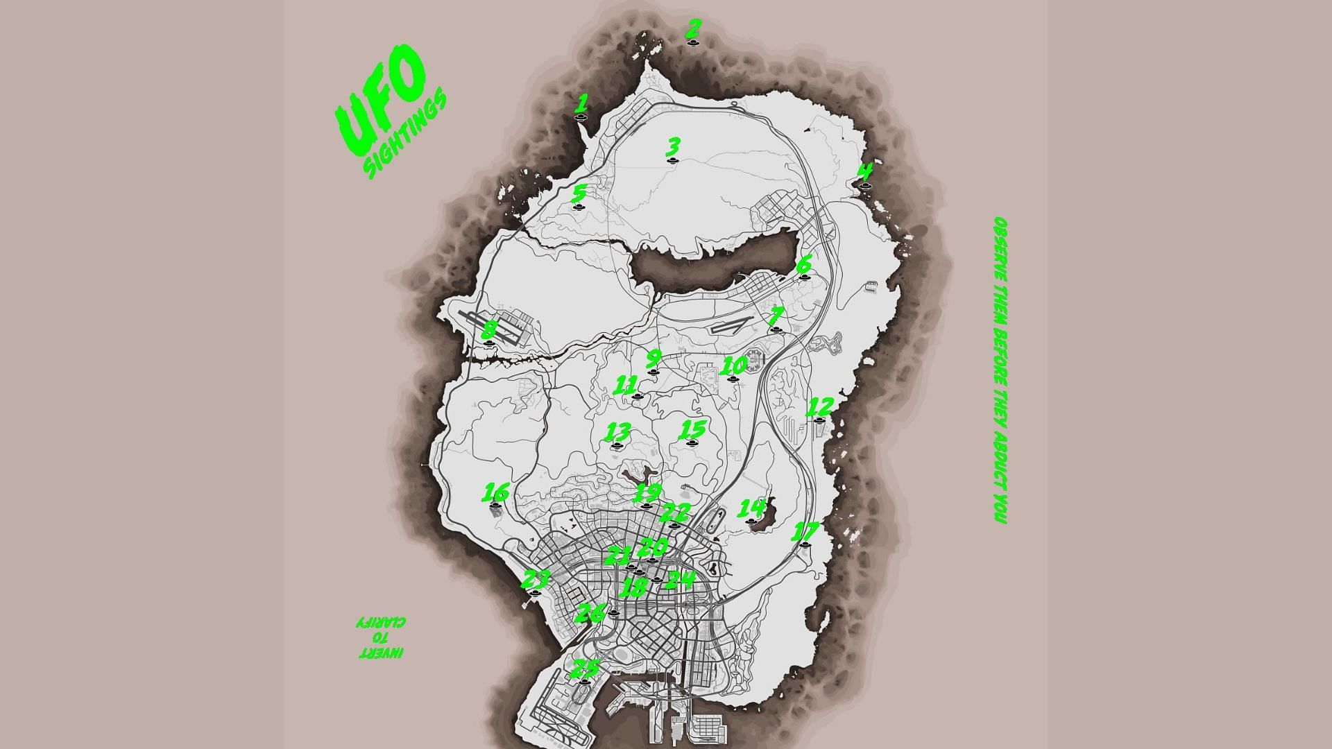 A possible map overview of all in-game UFO locations thanks to the efforts by both GTweb.au and @Scissors61 (Image via Tez2/X)