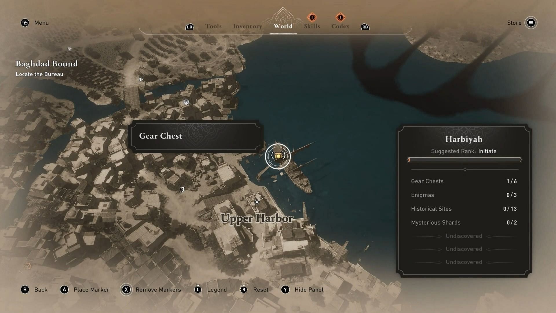 Upper Harbor gear chest location in Assassin&#039;s Creed Mirage (Image via Ubisoft)