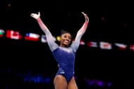Simone Biles celebrates after her routine on Floor Exercise during the Women's Team Final at the 2023 Artistic Gymnastics World Championships in Antwerp, Belgium