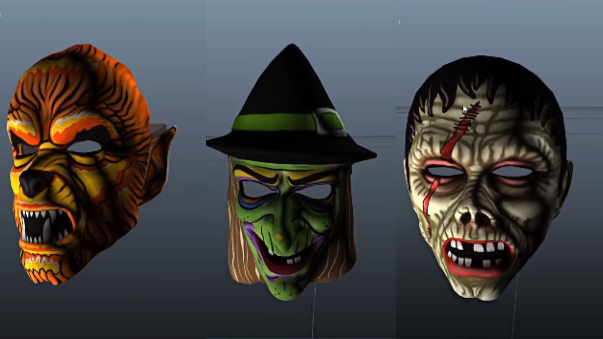 Some of the data mined Halloween masks. (Image via YouTube/GhillieMaster)