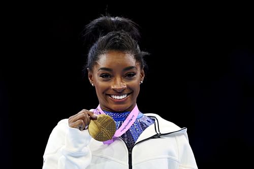 Simone Biles during the medal ceremony for the Women'sAll-Around Final at the 2023 World Artistic Gymnastics Championships in Antwerp, Belgium.