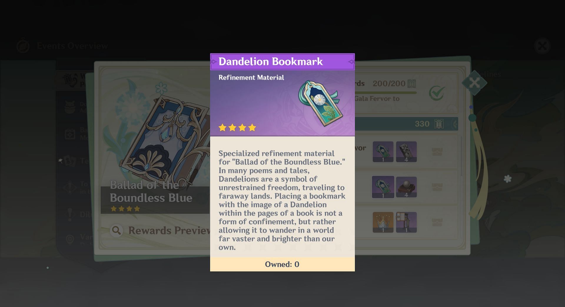 Collect Poetry Gala Fervor to obtain Dandelion Bookmarks to refine the weapon (Image via HoYoverse)