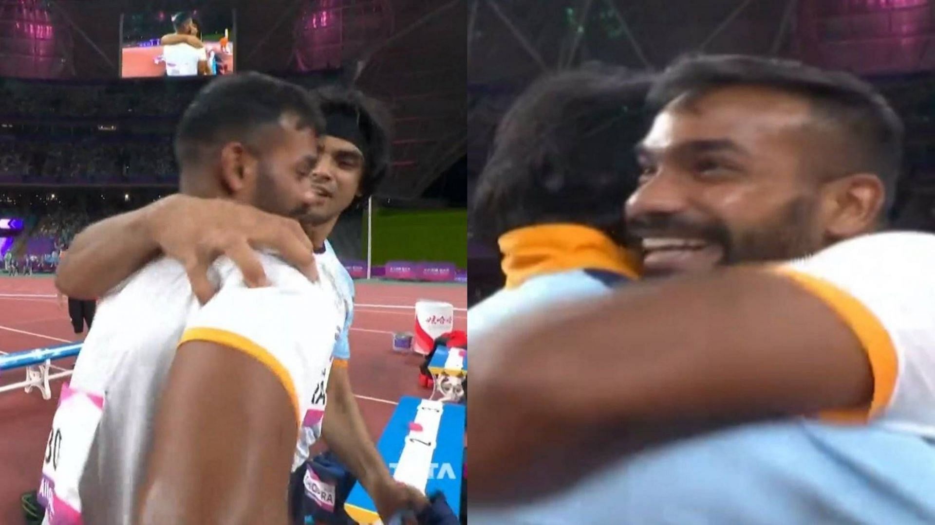 Neeraj Chopra hugged Kishore Kumar Jena after his 86.77m throw (Image: X)