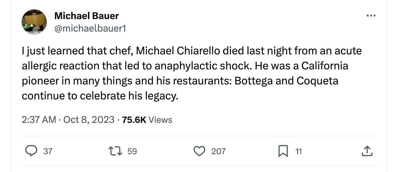 Social media users mourn the loss of celebrity chef Chiarello as he dies at the aged of 61. (Image via @MichaelBauer1/ Twitter)