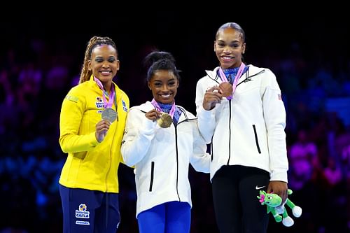 Rebeca Andrade, Simone Biles, and Shilese Jones at the 2023 Artistic Gymnastics World Championships.