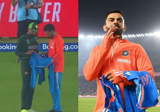 [Watch] Virat Kohli gifts signed jerseys to Babar Azam and has a chat after IND vs PAK 2023 World Cup clash