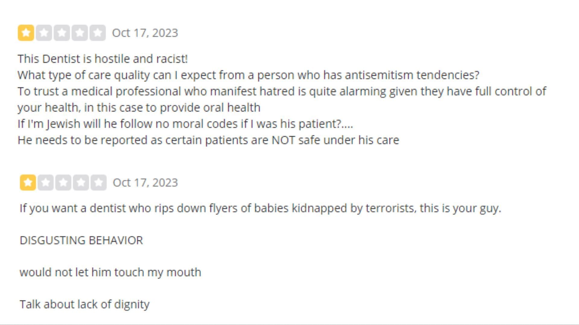 The dentist&#039;s Yelp page was bombarded with negative reviews (Image via Yelp)