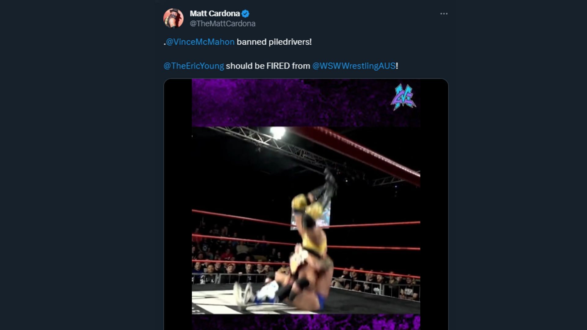 Matt Cardona posted about the piledriver he took from Eric Young