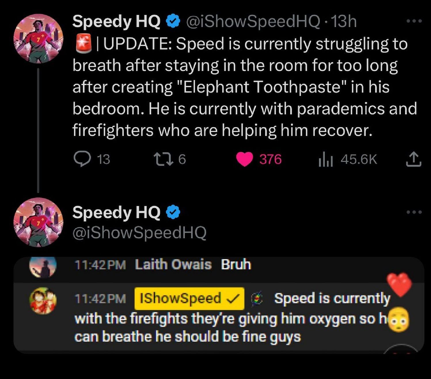 IShowSpeed needed medical attention following an experiment-gone-wrong stream (Image via X/Twitter)