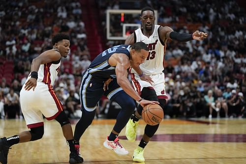 Bam Adebayo of the Miami Heat defending Desmond Bane of the Memphis Grizzlies