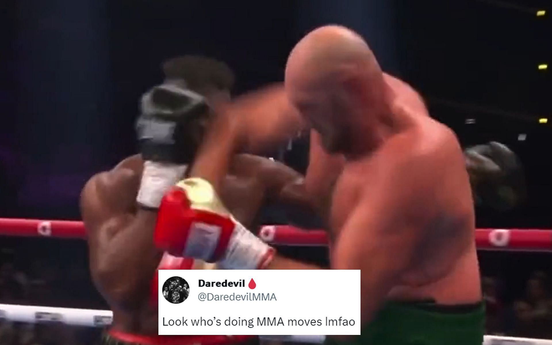 Tyson Fury landing an elbow on Francis Ngannou (Image via @mmamania 