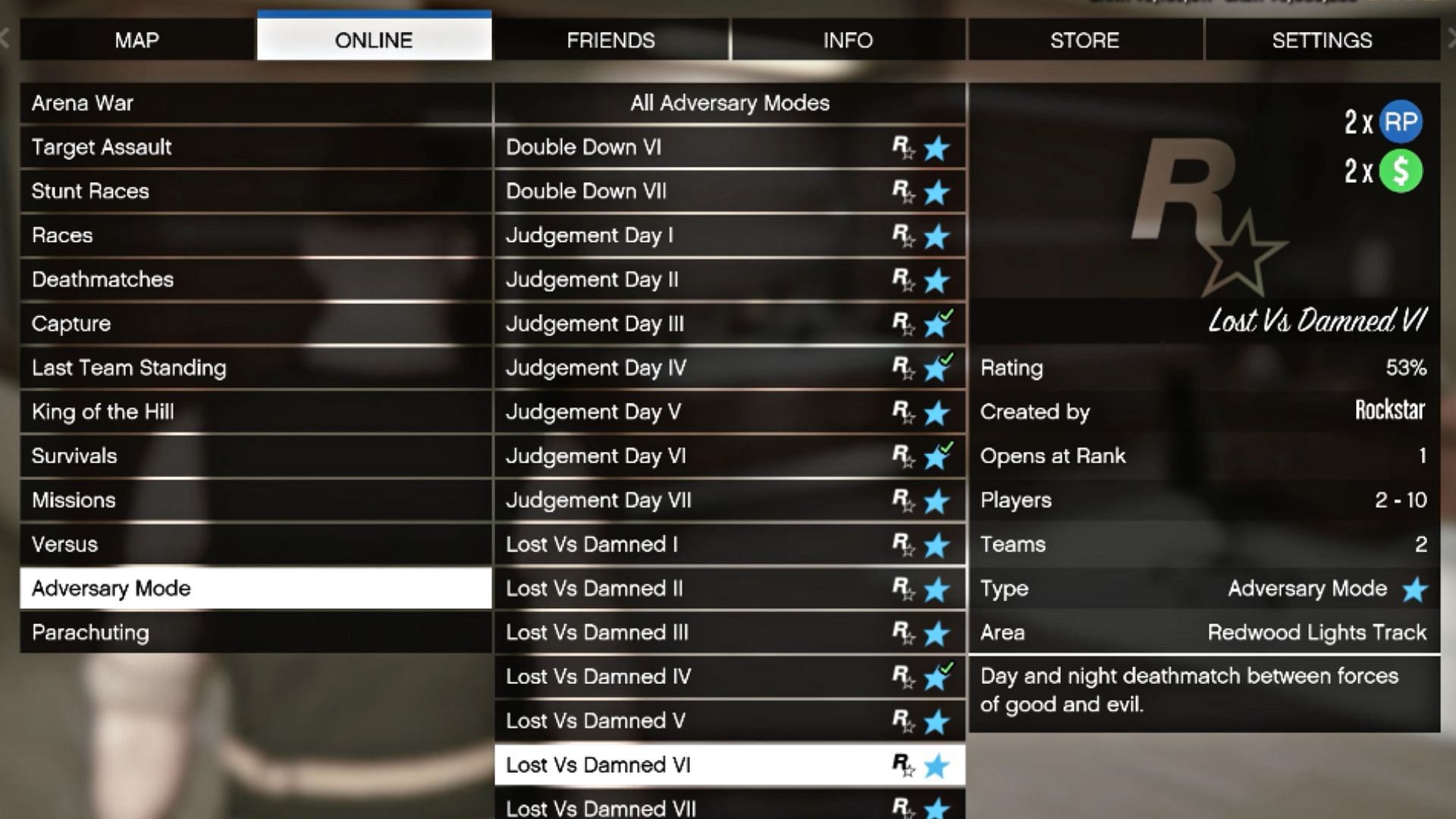 Lost vs Damned can be started from the Adversary Modes playlist (Image via YouTube/GTA Gentleman)