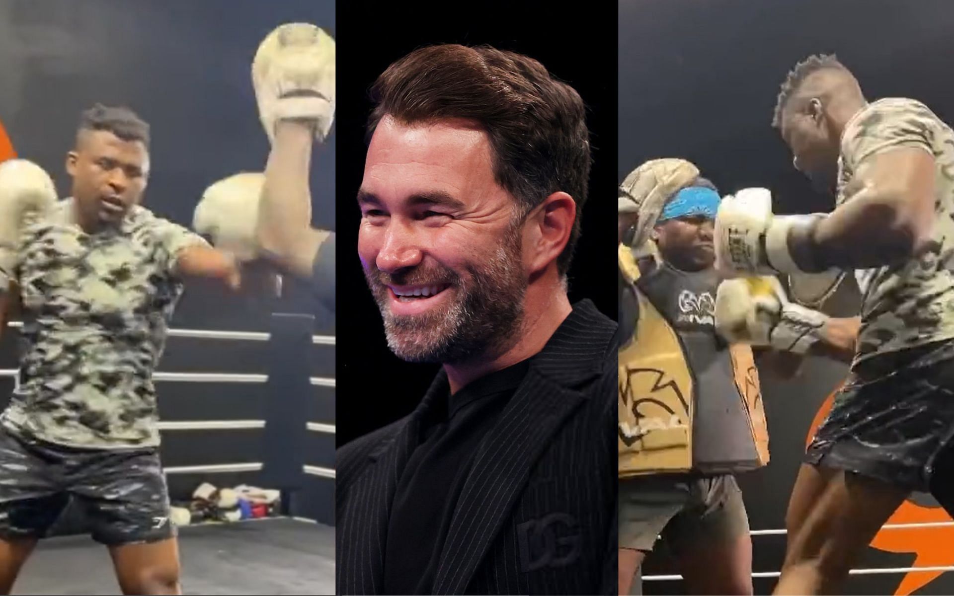 Francis Ngannou padwork (left) and (right) and Eddie Hearn (middle) [Images Courtesy: @michaelbensonn on X and @GettyImages]