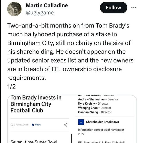 Tom Brady's investment into Birmingham City is being called into question.