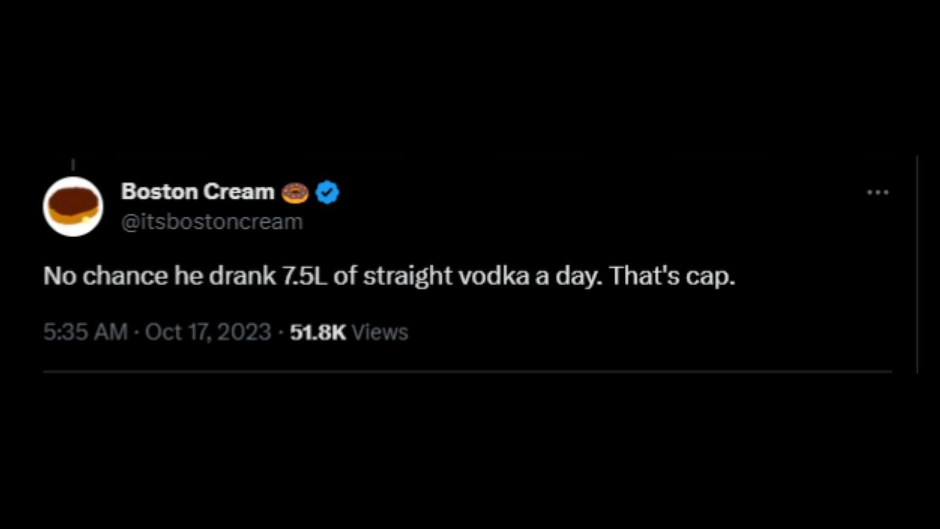 Screenshot of an X user remarking on Lee&#039;s confession of consuming two gallons of vodka in his younger years. (Photo via @DailyLoud/X)