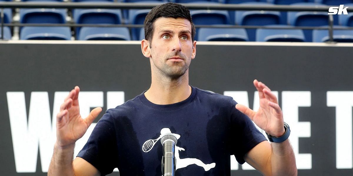 Novak Djokovic speaks during an event.
