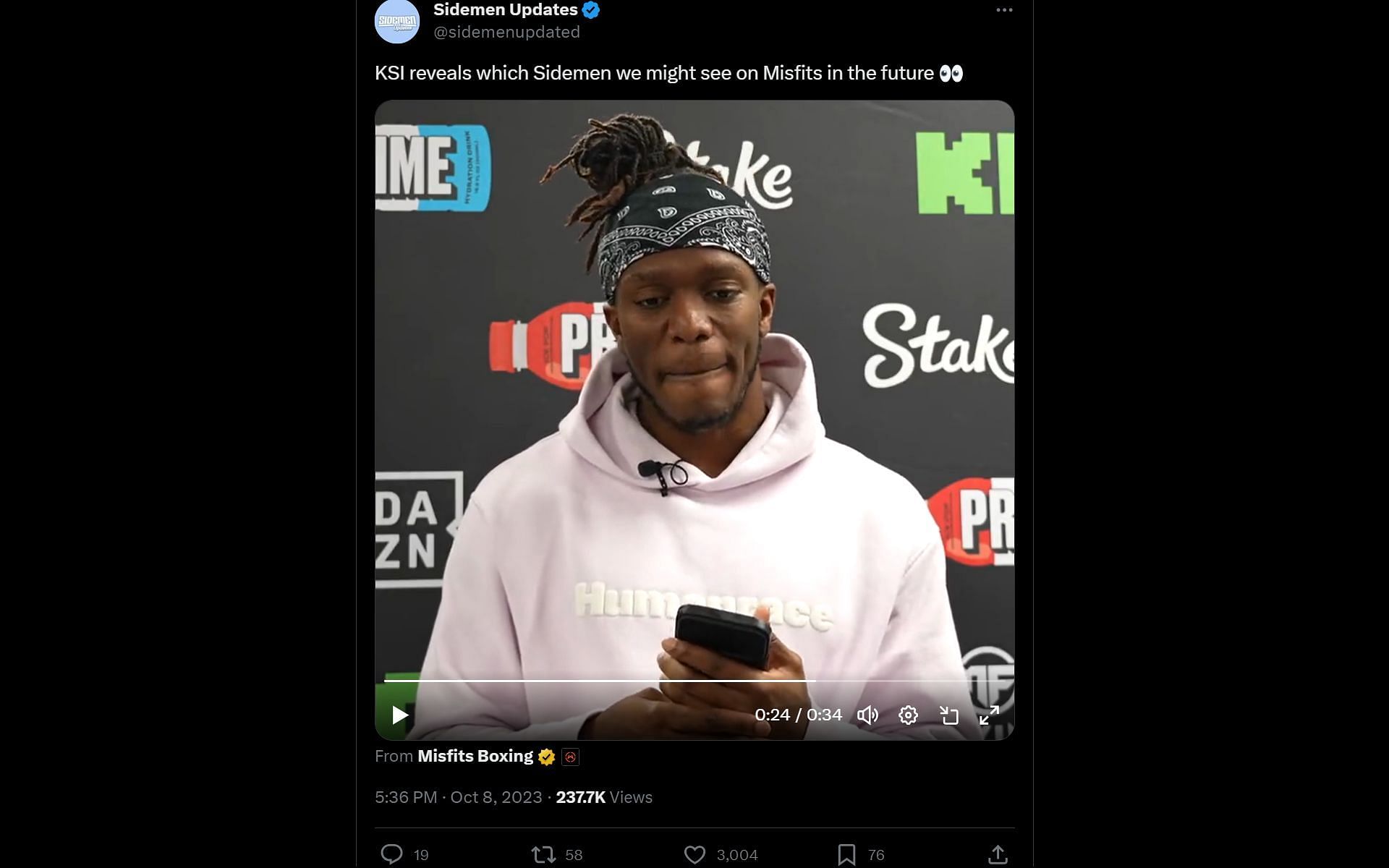 X user @sidemenupdated&#039;s tweet featuring KSI&#039;s take (Image via X)