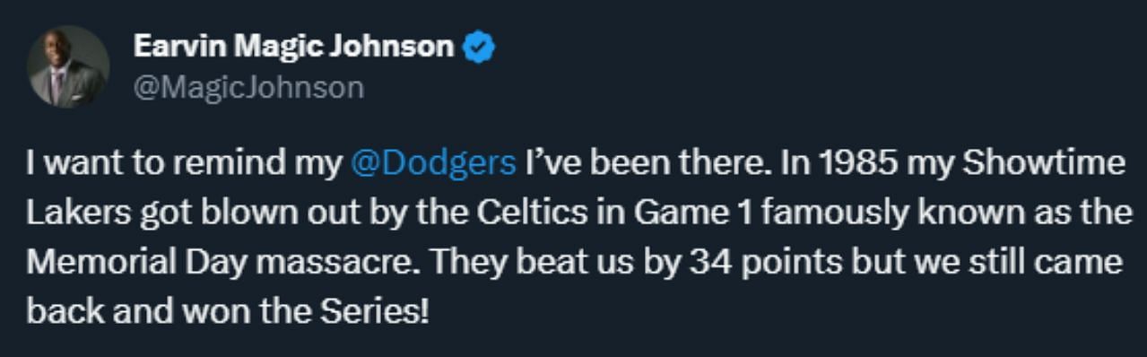 Magic Johnson sends out a message to the Los Angeles Dodgers after losing to the Arizona Diamondbacks