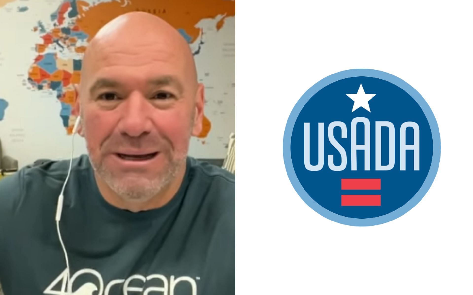 Dana White [Left], and USADA logo [Right] [Photo credit: ESPN MMA - YouTube, and @usantidoping - X]