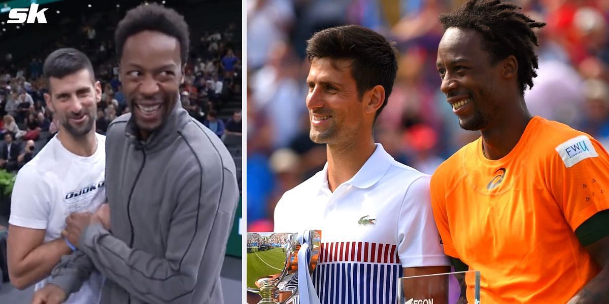 Novak Djokovic &amp; Gael Monfils meet each other at 2023 Paris Masters (inset)