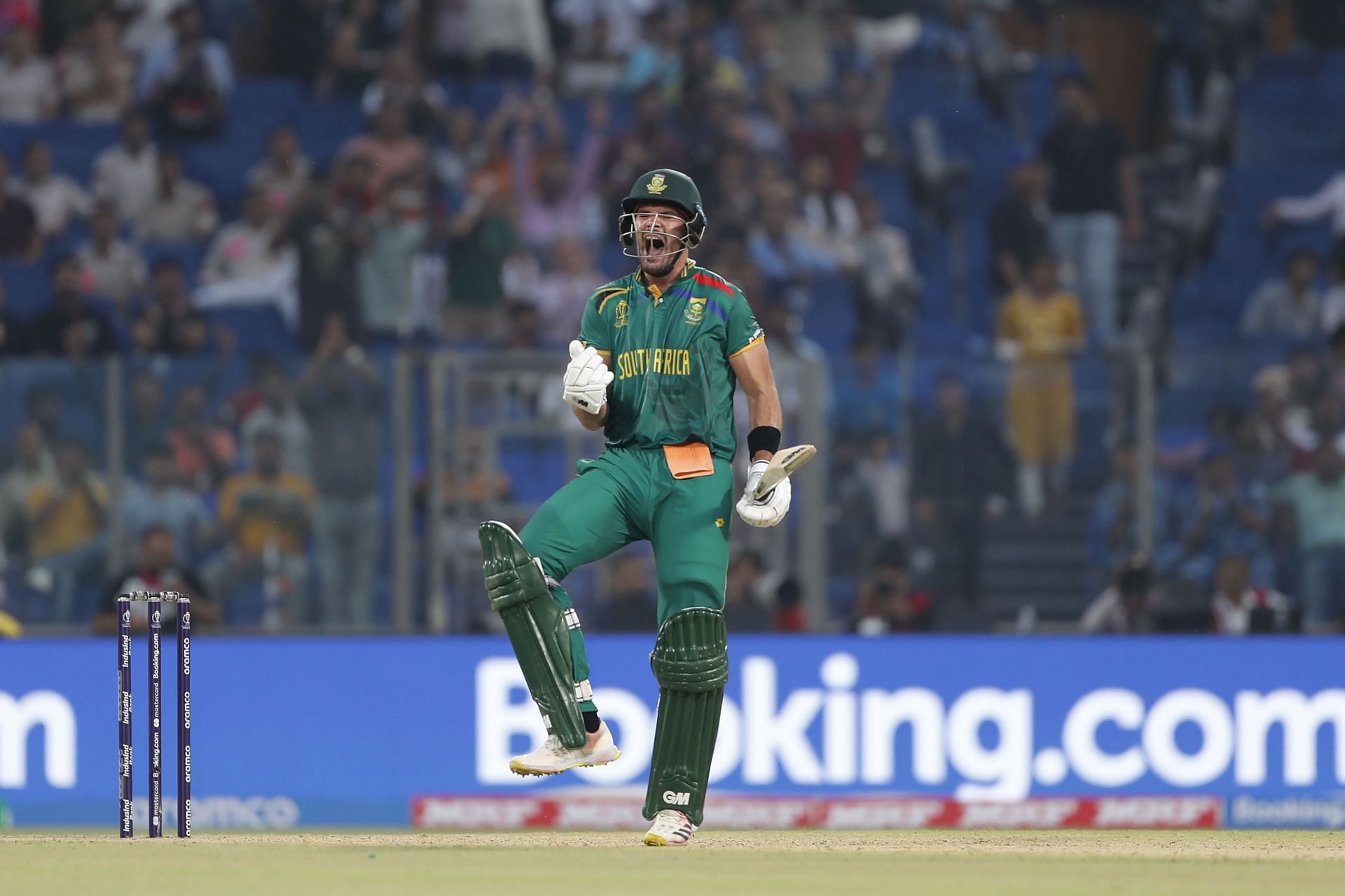 South Africa&#039;s Aiden Markram pumped up after his ton v Sri Lanka at the ICC Men&#039;s Cricket World Cup 2023 [Getty]