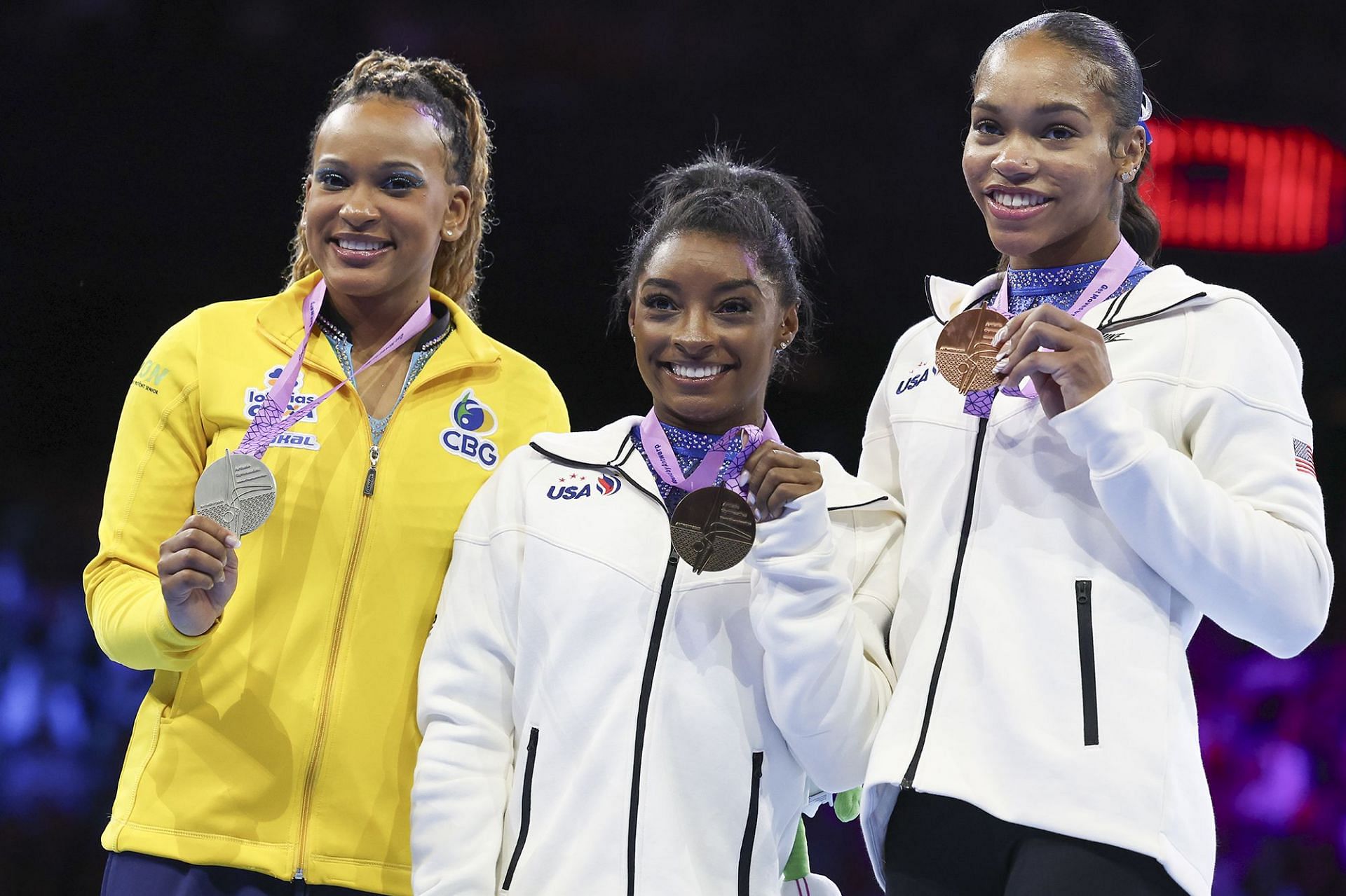 (L to R - Rebeca Andrade , Simone Biles, Shilese Jones) Simone Biles celebrated the all-black podium of the 2023 World Championships