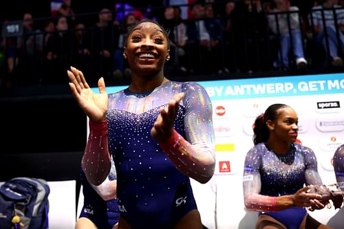 Simone Biles celebrates during the Women's Team Final at the 2023 Artistic Gymnastics World Championships in Antwerp, Belgium