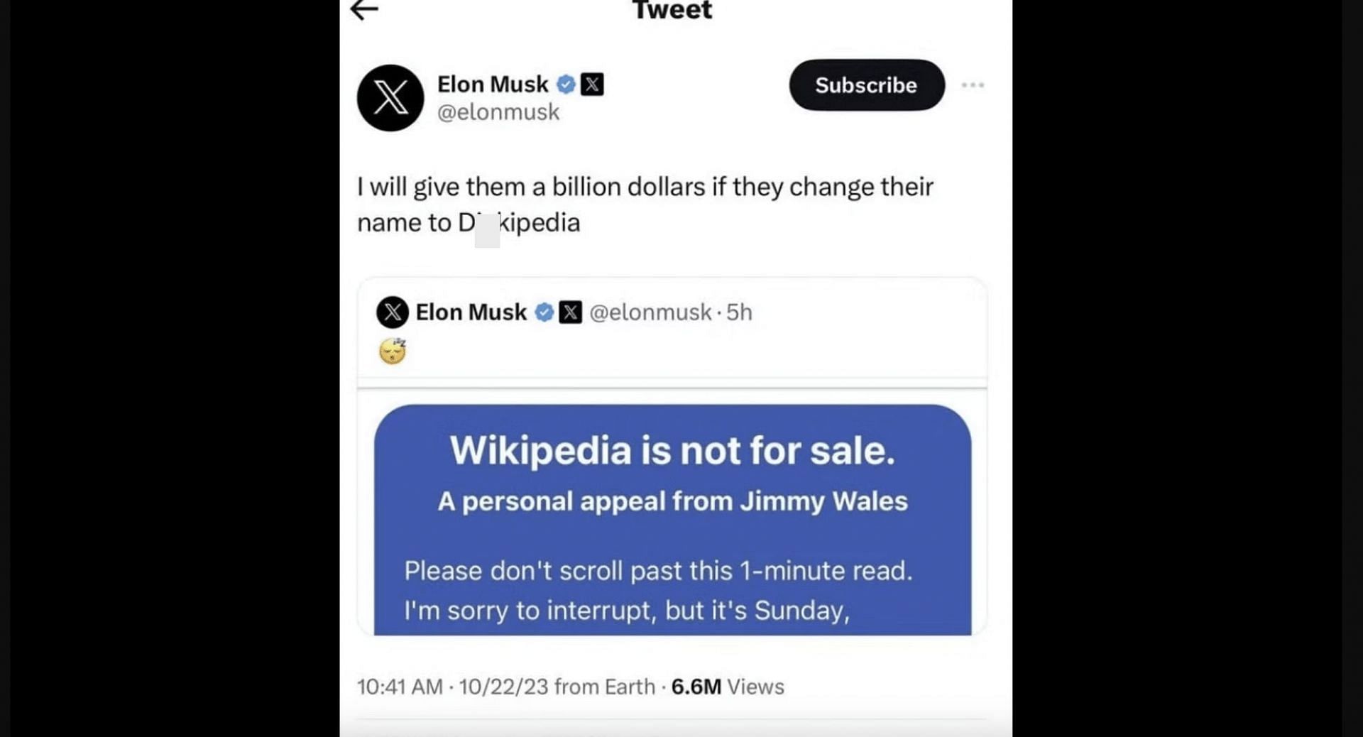Wikipedia founder response to Elon Musk: Not for sale