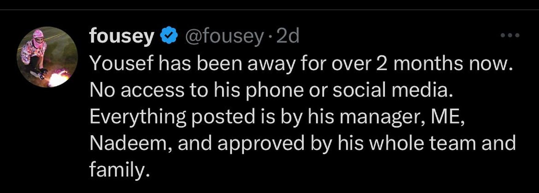 Fousey is likely to return soon, his management confirms (Image via X)