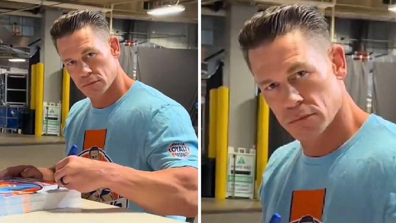 Cena signing autographs without looking at them