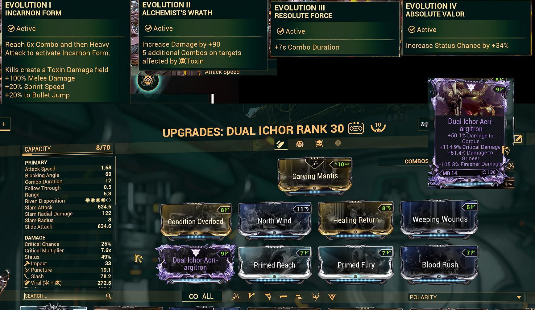 Warframe Dual Ichor build to be used with Toxic Lash, along with the recommended Evolution Perks (Image via Twitter @MuraCasardis)