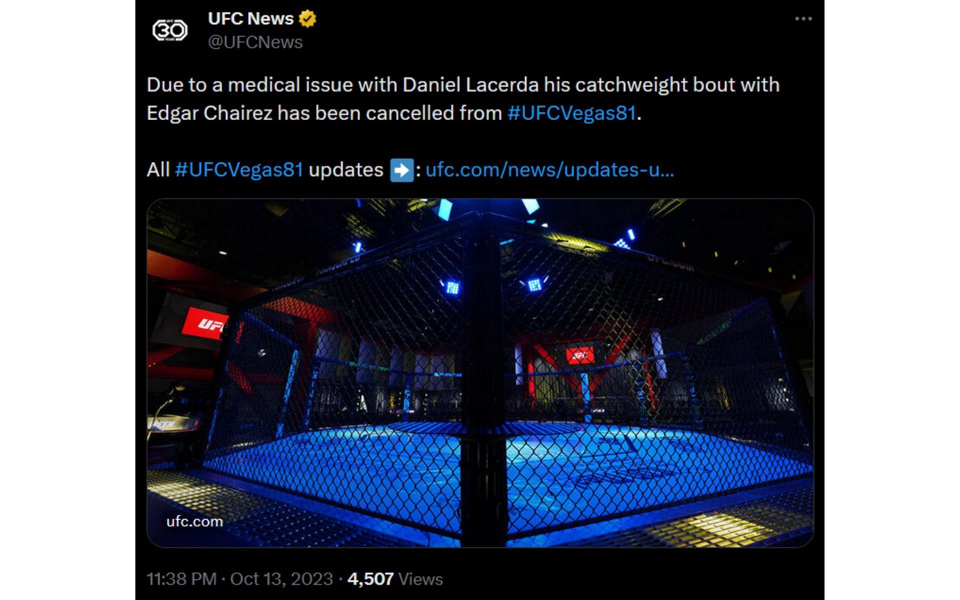 Chairez vs. Daniel Lacerda canceled from UFC Vegas 81; Credits: @UFCNews on X