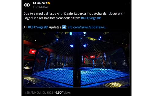 Chairez vs. Daniel Lacerda canceled from UFC Vegas 81; Credits: @UFCNews on X